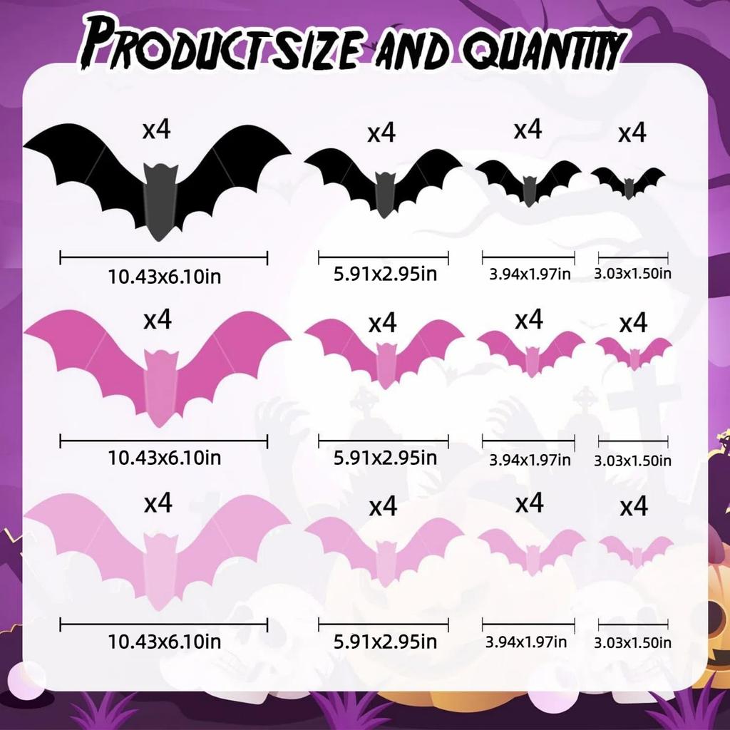 48pcs Pink Halloween Decor Three Colors Bat Decor Halloween DIY Wall Decor for Bathroom Indoor Cute Halloween Party Decorations