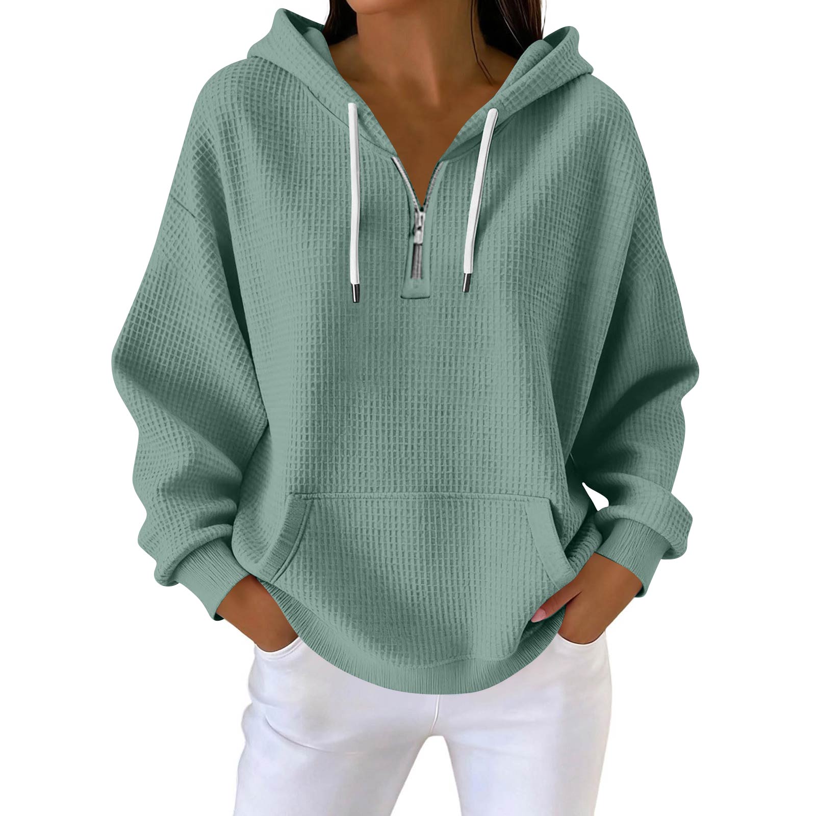 Womens Zip Hoodies Casual Long Sleeve Drawstring Pullover Tops Loose Hooded Sweatshirt With Pocket L