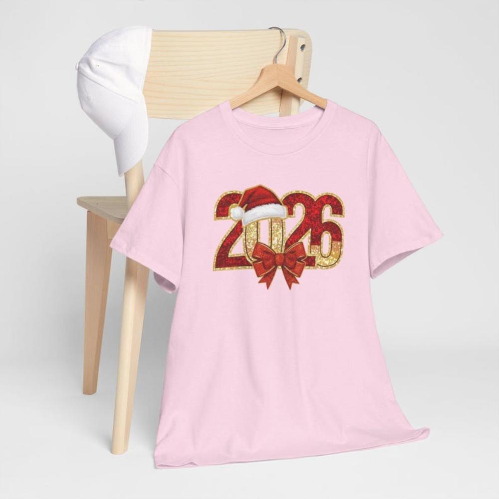 2026 New Year Santa Hat Bow T Shirt Happy New Year Holiday Party Outfit Printed Tshirt Women Unisex Casual Cotton Shortsleev S