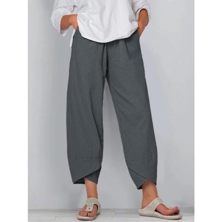 Pantaloni casual larghi in cotone e lino con elastico in vita, pantaloni da casa da donna