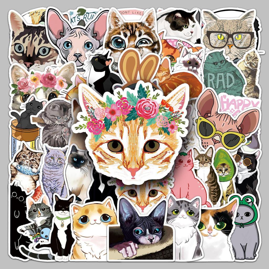 50 Cute Cat Waterproof Stickers for Laptop, Suitcase, Car, and Fridge Decoration
