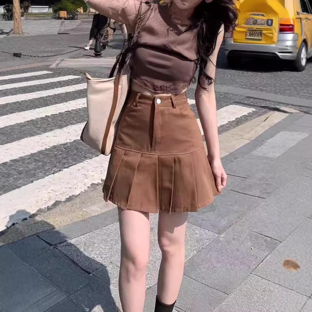 High-Waist Black Pleated A-Line Skirt for Women, Summer 2024 - Anti-Exposure & Slimming Design