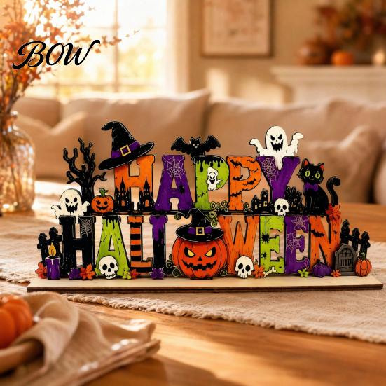 Halloween Fireplace Mantel Decor Happy Wooden Sign Ornaments with Pumpkin Ghost And Bat Elements for Decorative Party Props Tiered Tray Table