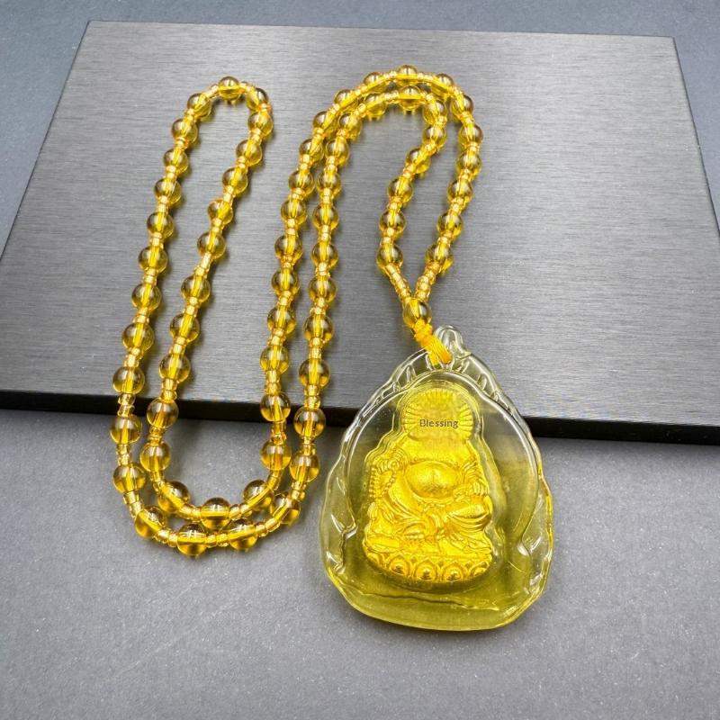 Classic Chinese Yellow Inlaid Guanyin Necklace Pendant Charm Jewelry Blessing Lucky Amulet Gifts For Women Men