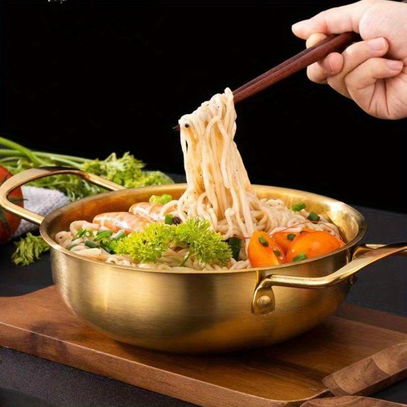 Verdickte 0,8 mm Edelstahl Meeresfrüchte- & Hot Pot Pfanne Goldene flache flache Doppelgriff-Bratpfanne Langlebige Mehrzweck-Kochplatte