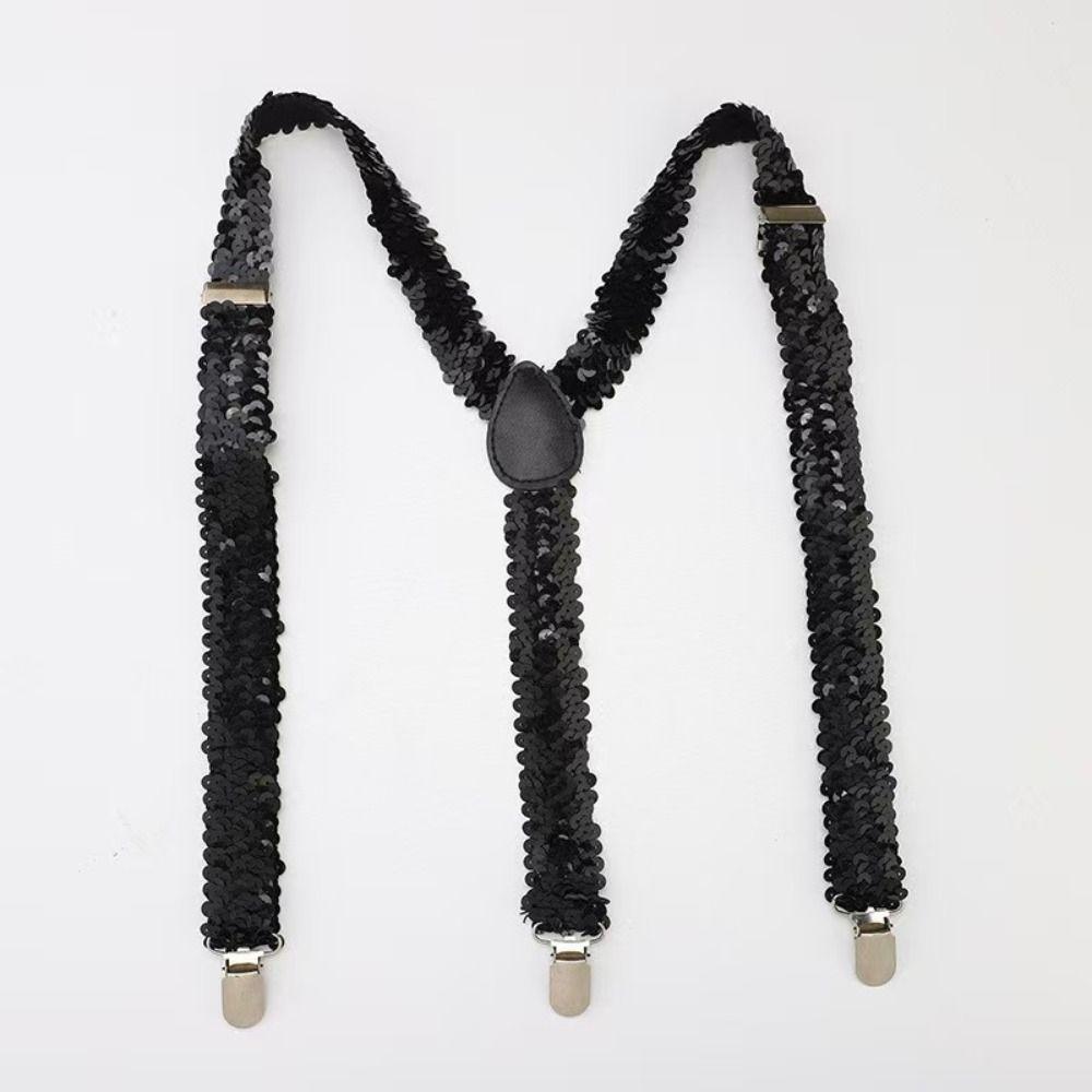 Shinning Fish Scale Sequin Suspenders Party Stage Performances Elastic Y-back Suspenders Adjustable 3-clip Metal Clip Suspenders