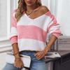 New Autumn and Winter Casual Sweaters European and American Contrast Striped V-neck Off-shoulder Sweaters for Women