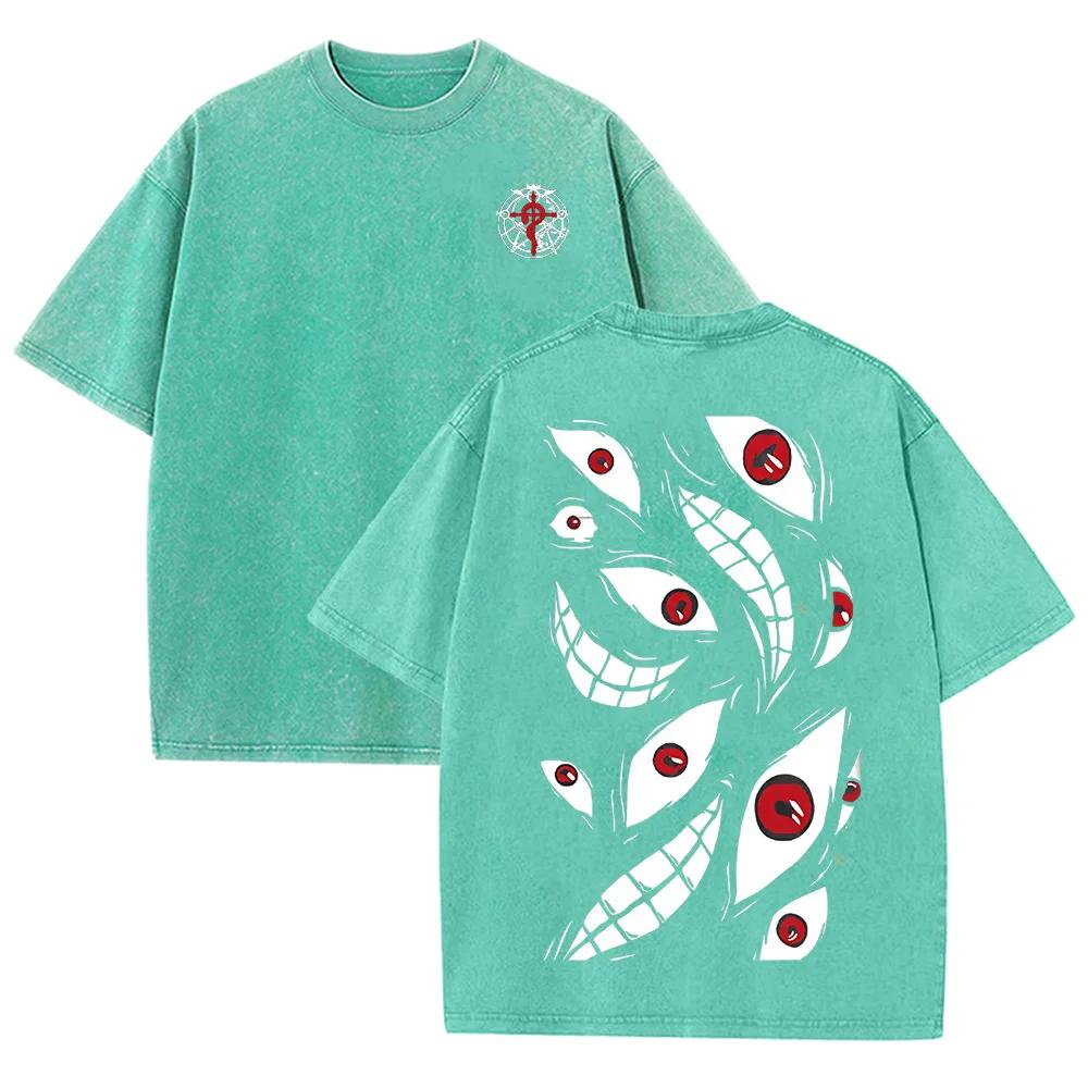 2026 Vintage Washed Black Dark Horror Eye Graphic T Shirt Distorted Grin Monster Print Oversized Men Casual Short Sleeve Tee