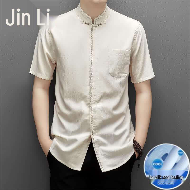 Jinju Men s Chinese Style Stand Collar Short Sleeve Tang Suit Shirt 40/175