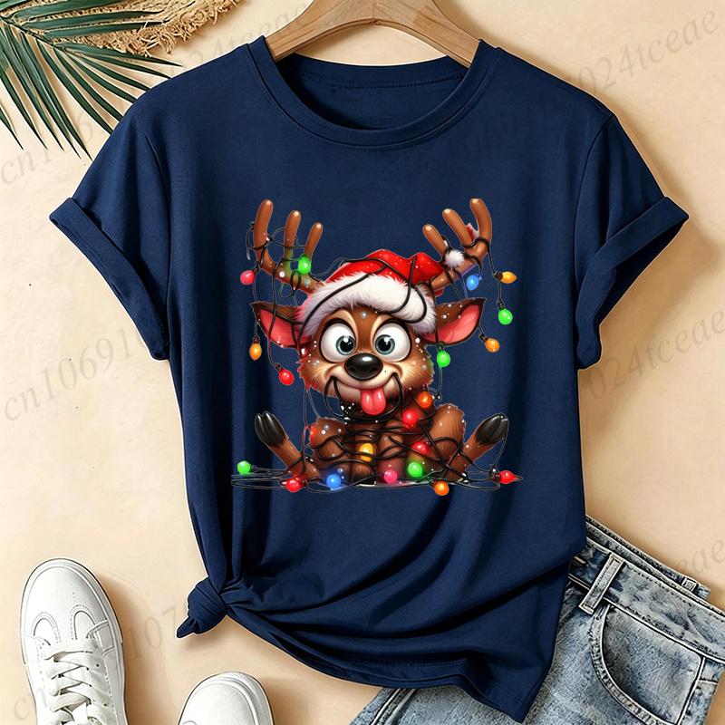 Women Cute Reindeer Christmas Lights Graphic T‑Shirt Funny Santa Hat Deer Printed Short Sleeve Tops Xmas Holiday Casual Tees