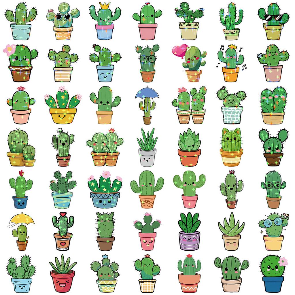 50 Holographic Cartoon Cactus Graffiti Stickers Decorative Ipad Suitcase Notebook Diy Waterproof