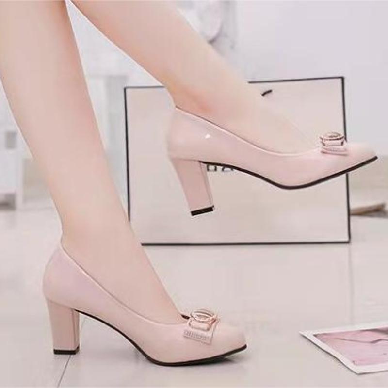 Fashion New Style Low-top Women's Shoes Soft Leather High-heeled Boots Thick Platform Drill Bow Work Leather Shoes Party Wedding Shoes