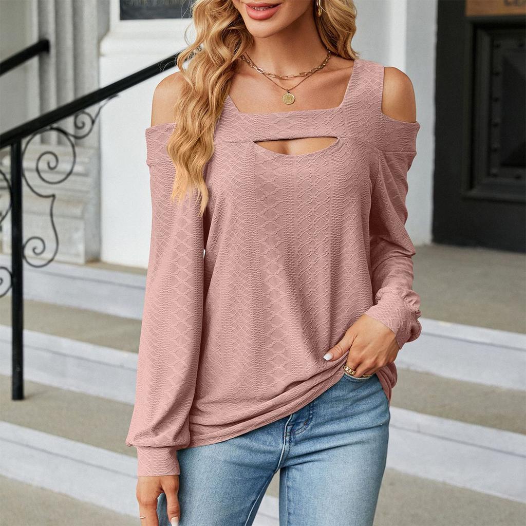 Women's Fashionable Color Loose Round Neck Long Sleeved Off Shoulder Pullover T-shirt Top