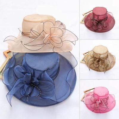 Cap Sun Hat Wide Brim Elegant Women Lady Flower Wedding Tea Party Church Travel Cap