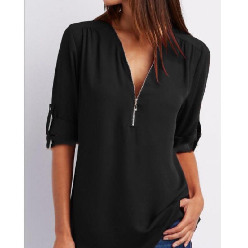 Camicia a maniche lunghe in chiffon con scollo a V e cerniera, taglie forti, da donna, con maniche regolabili