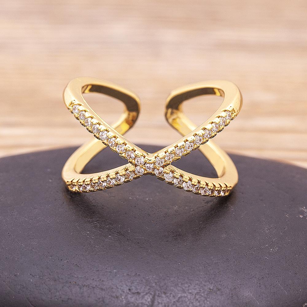 Luxury Cross X Shape Women Engagement Ring Full Paved Zircon Gold Color Elegant Simple Jewelry Open Adjustable Ring