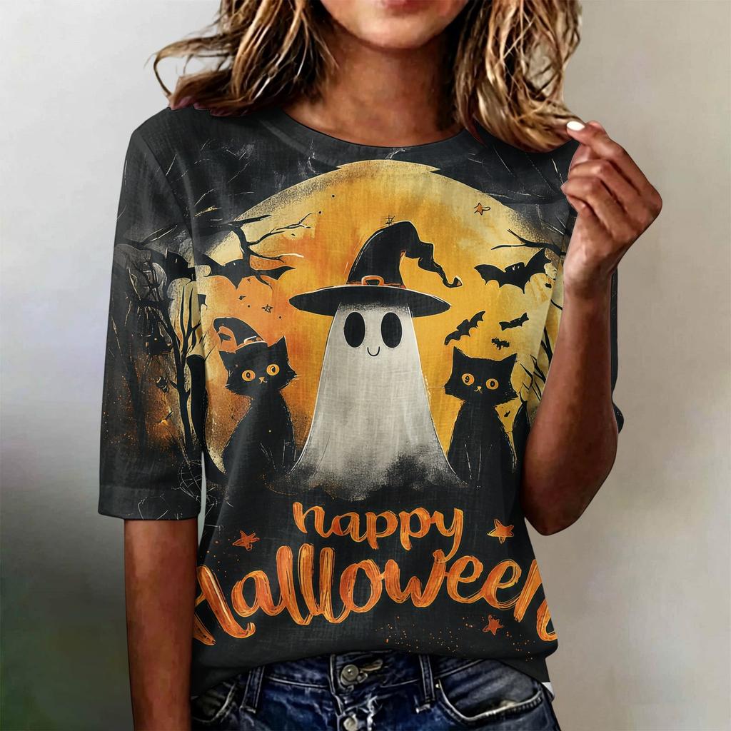Women's Casual Loose Fit Short Sleeve T-Shirt Round Neck Lightweight Halloween Graphic Top for Everyday Wear