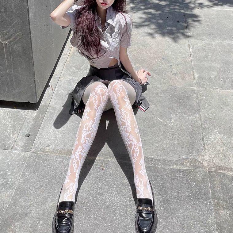 Women's Retro Calf Pattern Silk Stockings with Japanese and French Rose Embroidery