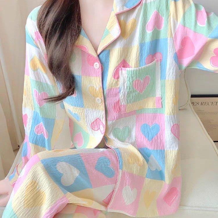 Women's Spring & Autumn Pajama Set - Sweet Style, Long Sleeve & Pants, Loose Fit, Spandex Cotton Ice Silk, Wear Outside.