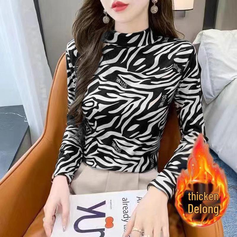 Velvet Semi-High Neck Warm Long Sleeve Women's Slimming Top for Autumn/Winter