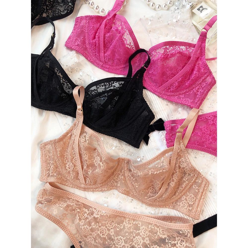 Set de lenjerie intimă franțuzească sexy pentru femei Set de sutien cu broderie din dantelă ultra subțire, confort de vară, sutien respirabil și seturi de lenjerie cu spatele T