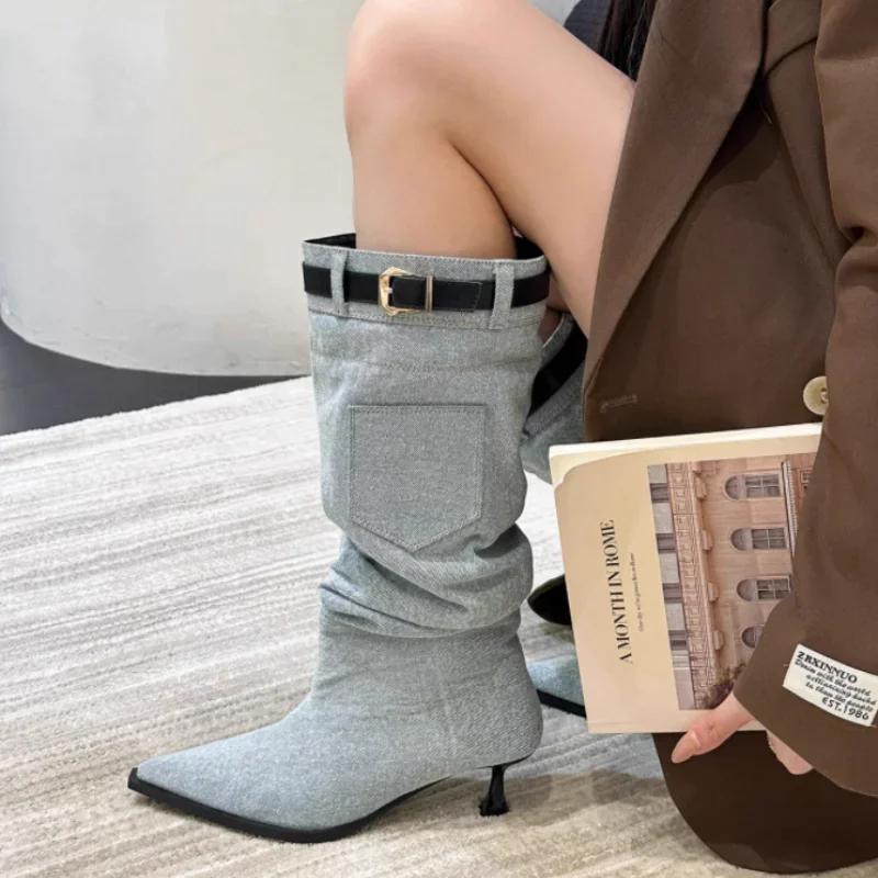 2024 New Fashion Solid Color High and Low Comfortable Outerwear Women's Boots Cowboy Boots Pointed Toe Stiletto Women's Boots