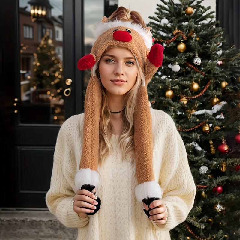 Christmas Elk Airbag Cap Plush Warm Holiday Party Hat Funny Elk Design T with Jumping Ears Polyester Fabric Hats Headdress