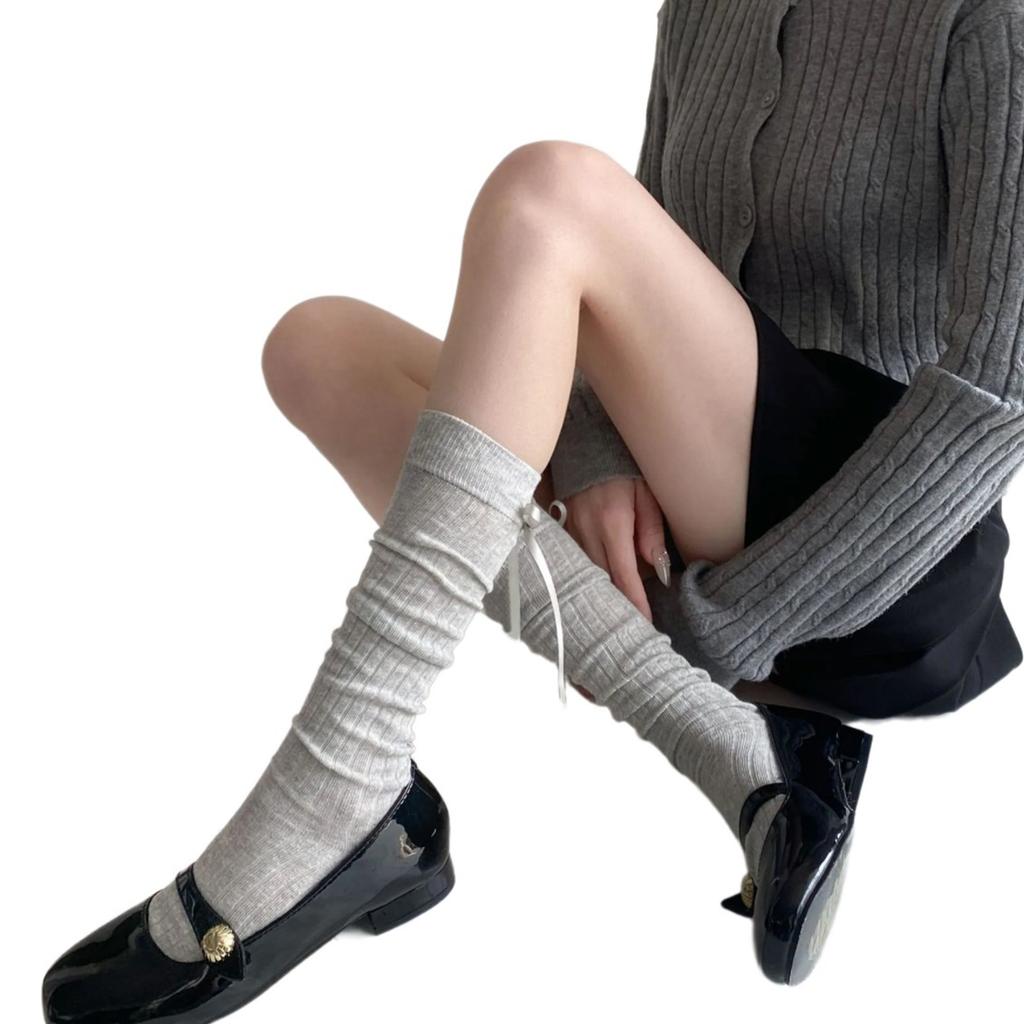 Solid Color Middle Tube Cotton Socks Women Cute Ribbon Bowknot Back Calf Socks