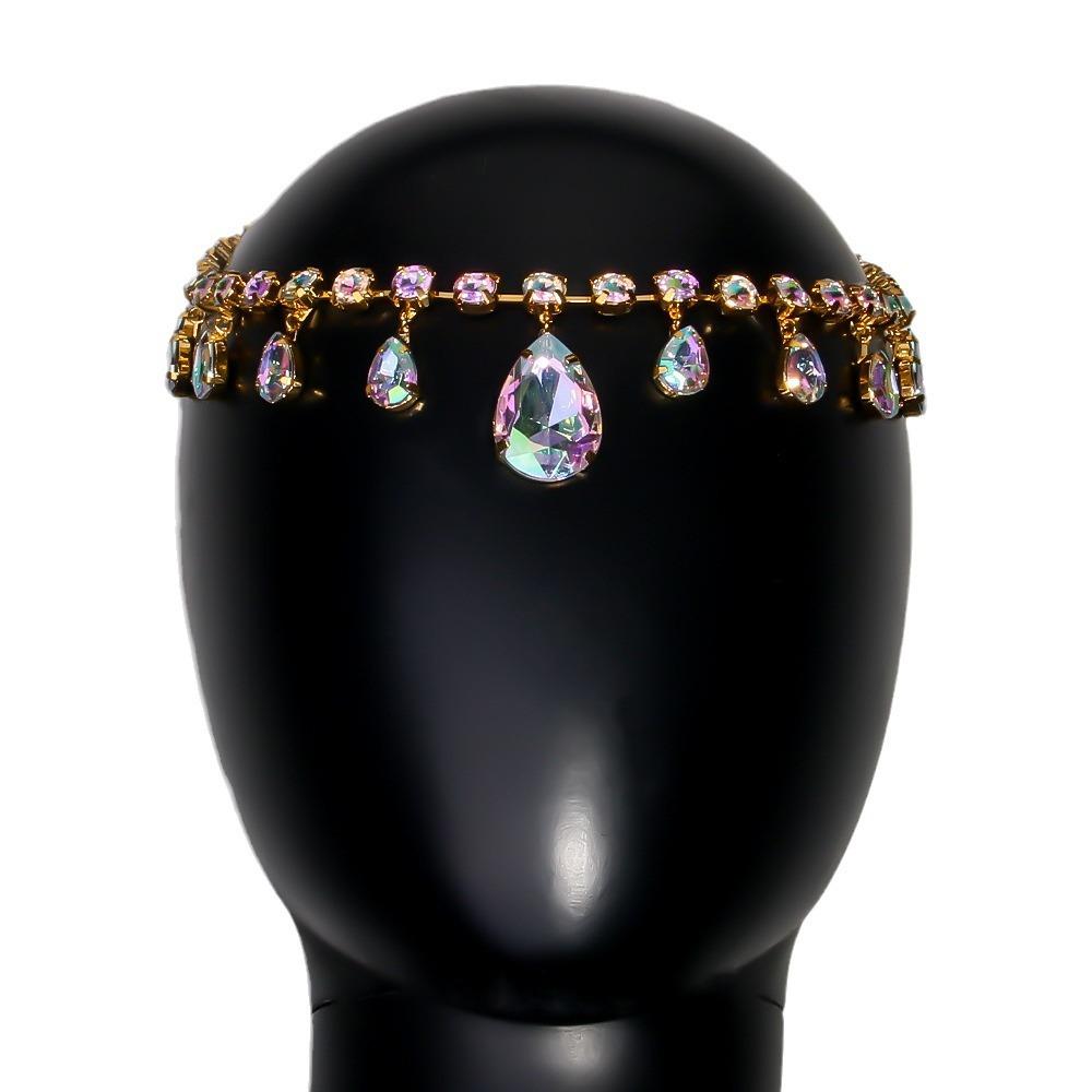Water Drop AB Color Rhinestone Forehead Headband Chain For Women Adjustable Hair Jewelry Fashion Headpiece Belly Decorations