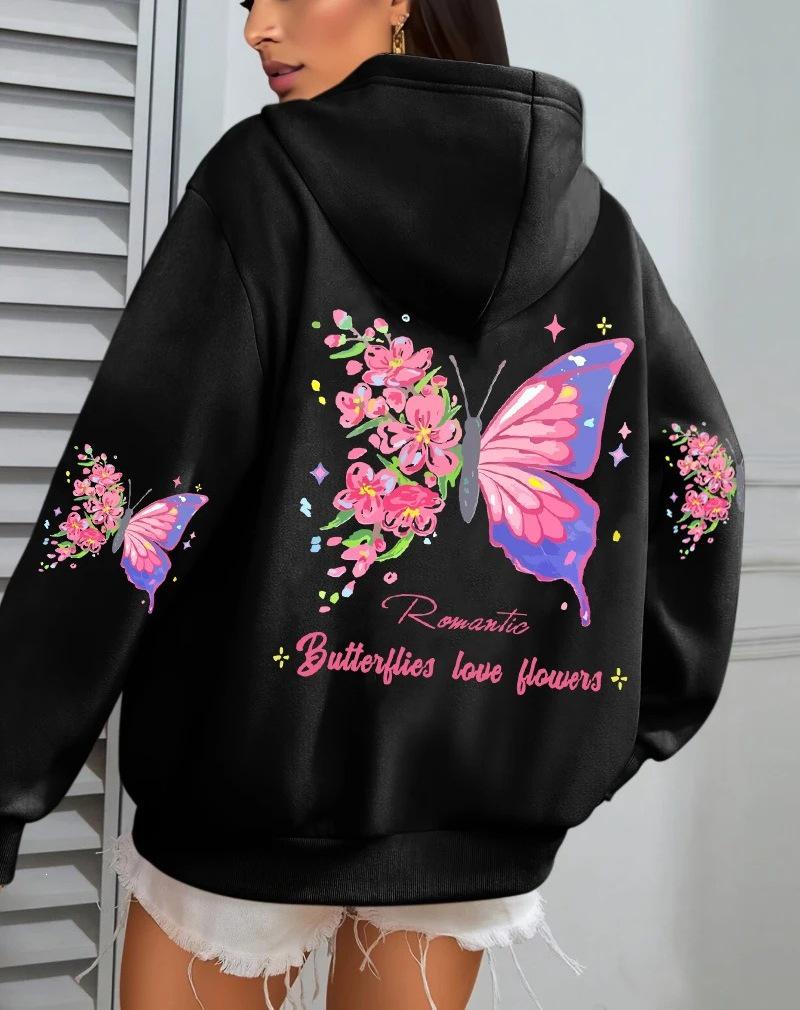 Butterfly Love Floral Print Women's Fleece Hoodie - Loose Fit with Pockets