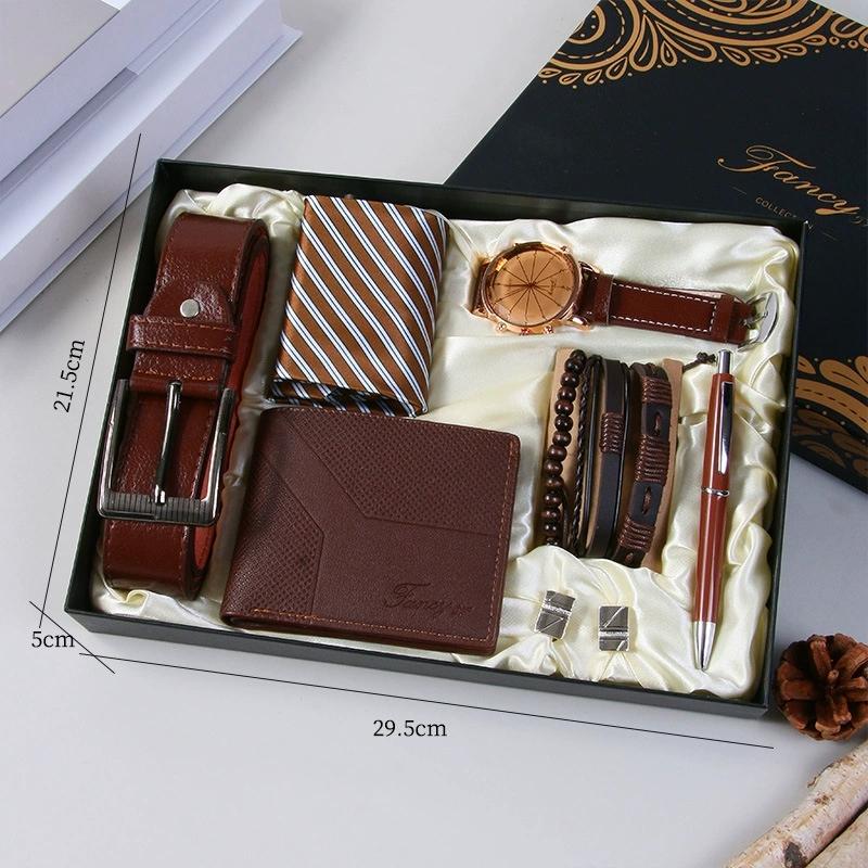Fancy & Yc M2901 Low MOQ 1PCS Men Business Gifts Set 8-piece Quartz Watch, Belt, Wallet, Tie, Pen, Bracelet, Cuff Link, with Box
