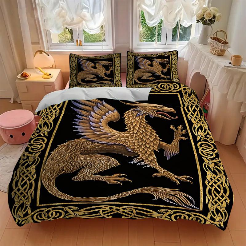 3pcs Golden Dragon Duvet Cover Set - Includes 1 Duvet Cover and 2 Pillowcases, No Quilt Core, All-Season Home Decor Yy251111075