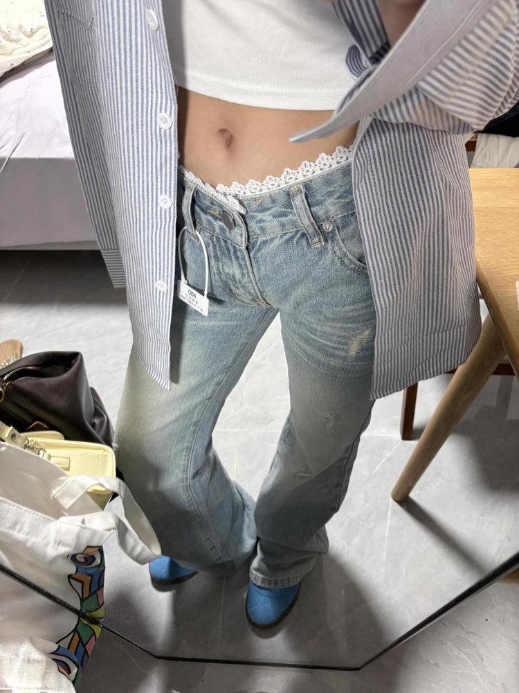 Damen Schlagjeans in Übergröße mit Spitzenbesatz – Sommerstil, Weiter Bein, Zerrissen, Bodenlang.