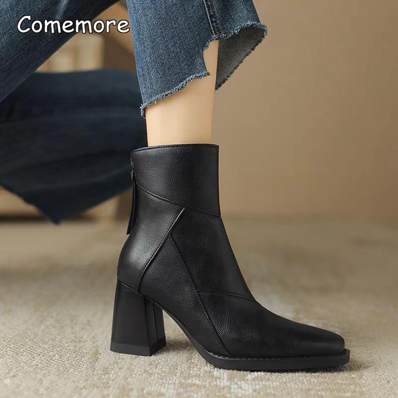 Dames Chunky Enkellaarsjes Dames Rits Retro Bruin Zacht Leer Korte Laars Herfst Nieuw Vierkante Neus Casual Hoge Hak Enkellaarsjes Mujer