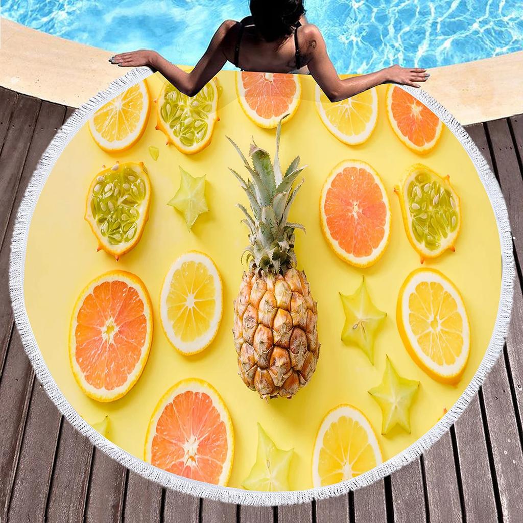 Orange Juice Beach Towel Fresh Orange Juice Design Soft Polyester Round Beach Towels for Beach Cushion Yoga Towel Indoor Outdoor