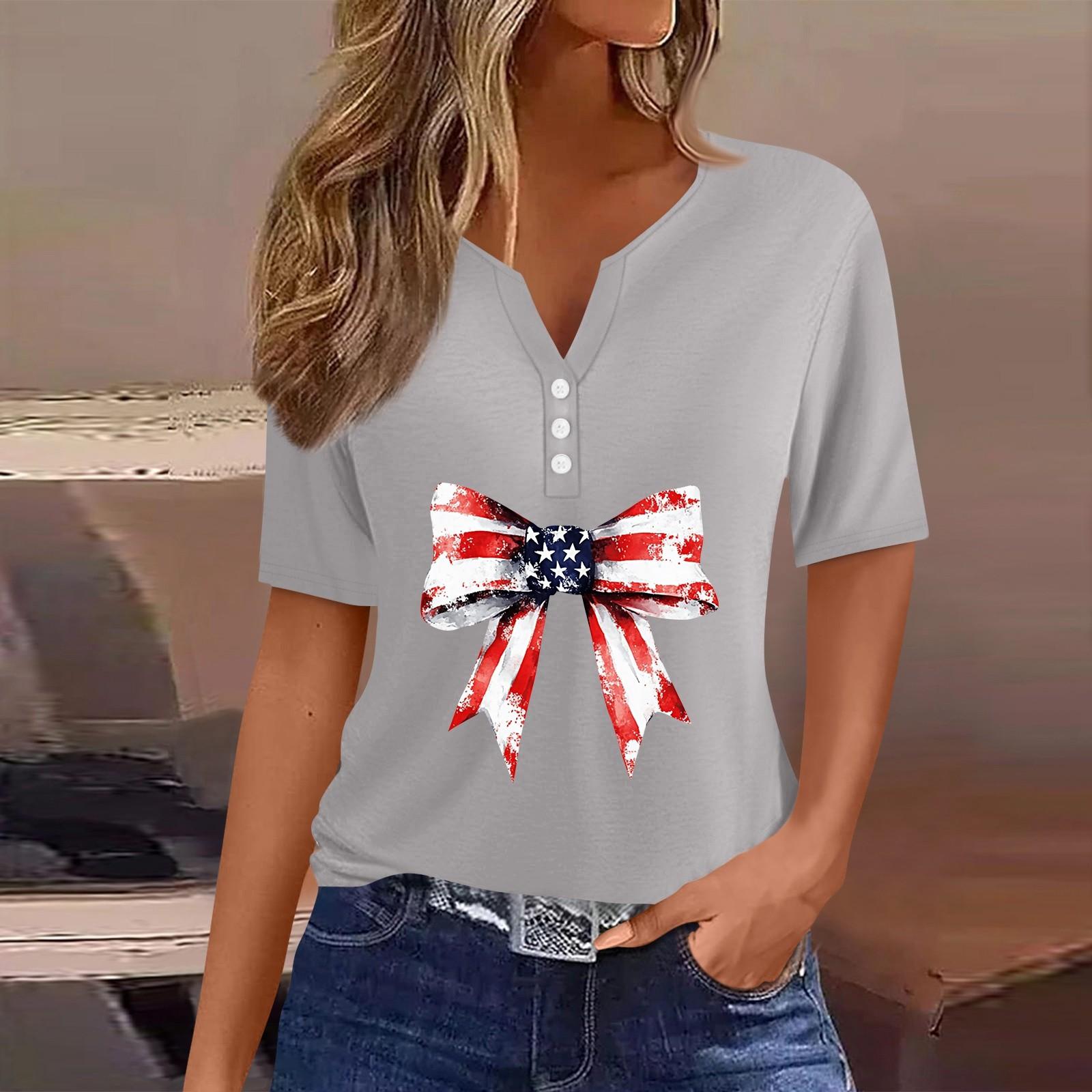 

Women s T Shirt Tee Independence Day Print Button Short Sleeve Daily Weekend Fashion Basic V-Neck Regular Top XXL