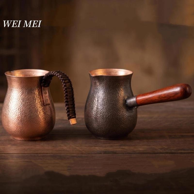 Vintage Copper Coffee Pot,Home Side-Handle Tea Brewing Pot Cold Drink Cup,Camping Handcrafted Engraving Hammer Texture Tea Cup