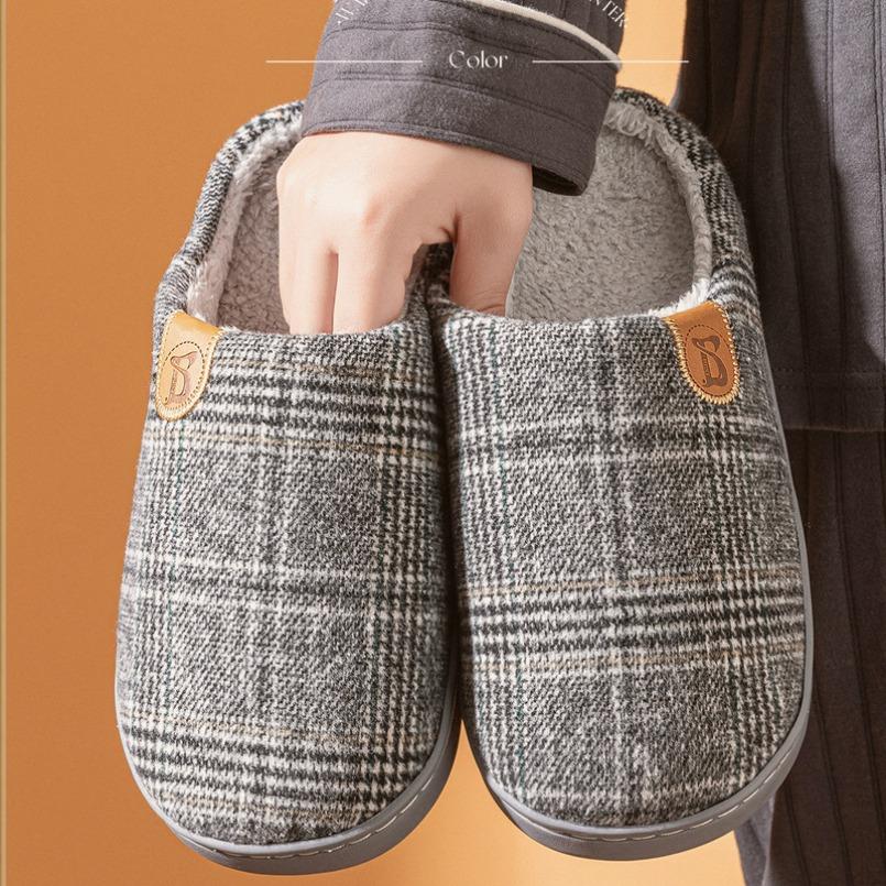 Fashion Plaid House Slipper Male Men  Plus Large Size Thermal Winter Warm Fuzzy Fur Contton Plush Non Slip Indoor Lazy Home Shoe Flat