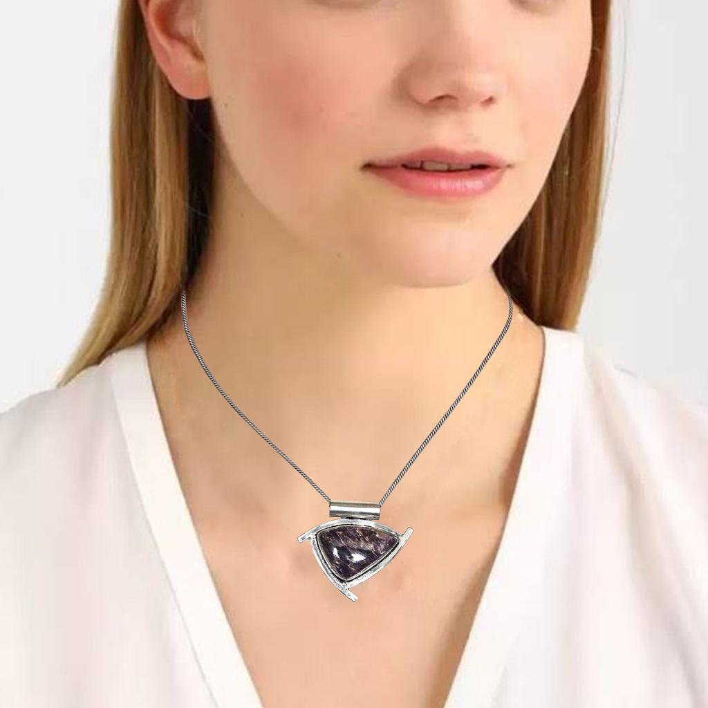 Gemstone Silver Cheroite  Pendant 2.5" Jewelry Russian Tanzanite Ethnic