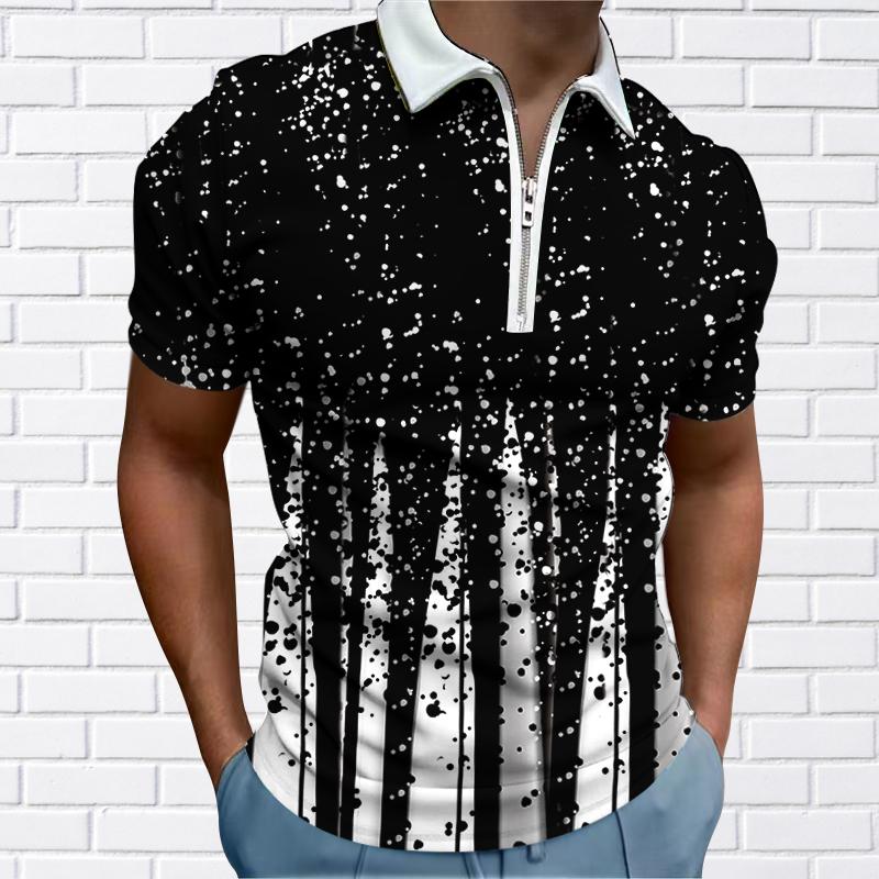 Men's Shirt Polo Casual Zip Short Sleeve Fashion Casual Zipper Summer Spring Regular Fit 3D Water Stripe Print Shirt