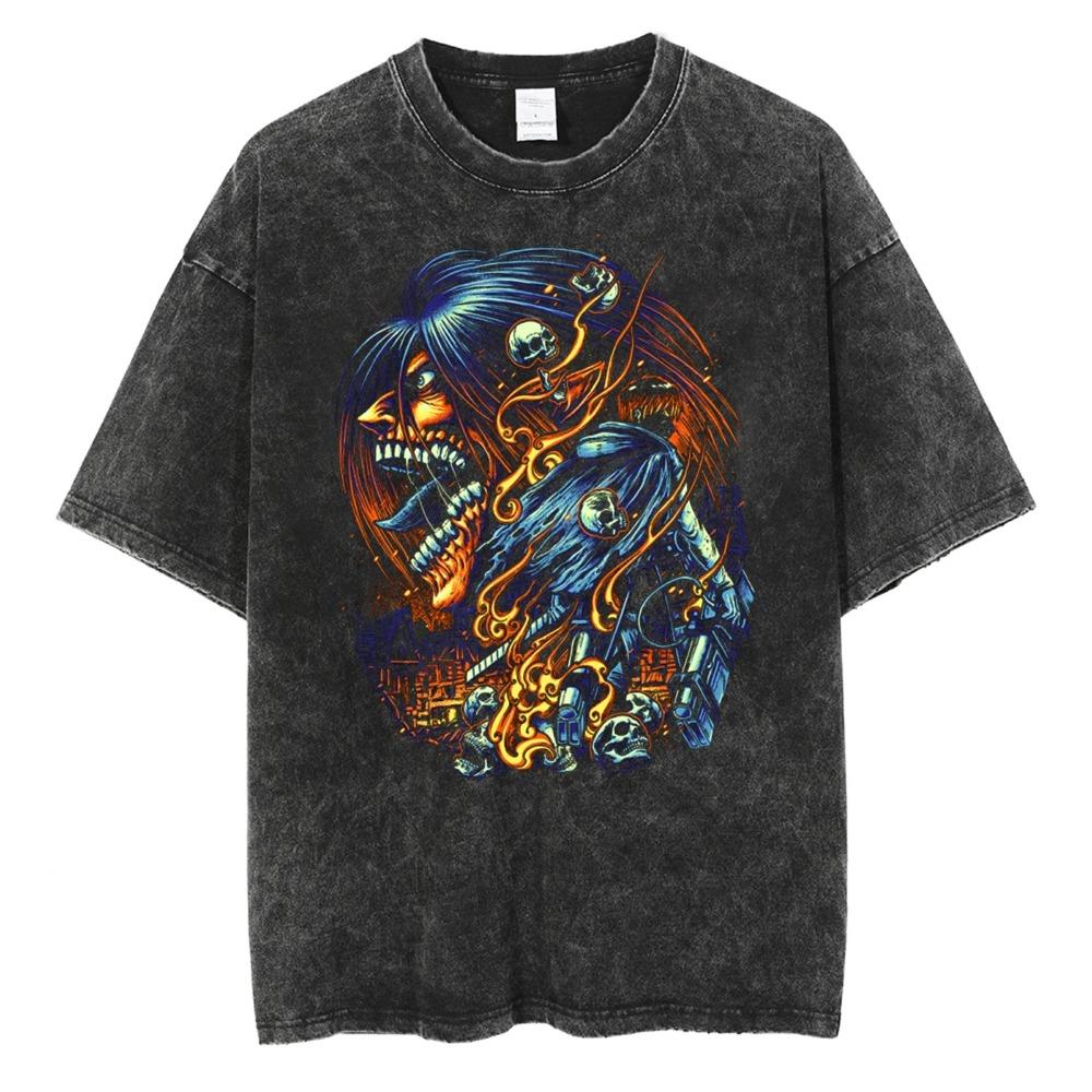 Атака Титанов Shingeki no Kyojin Эрен Йегер Титан-Атакующий Темный Готический Череп Пламя Графический Принт Винтажный Стиранный Потертый Оверсайз Короткий Рукав L