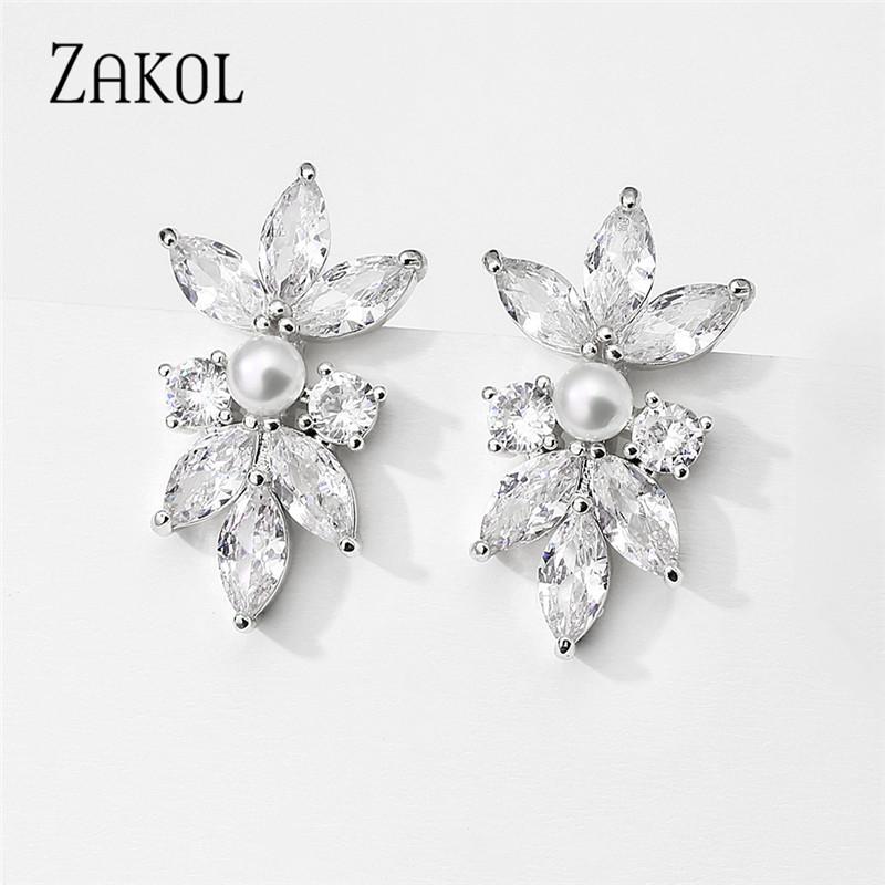 ZAKOL Fashion Simple Copper Alloy AAA Cubic Zirconia Stud Earrings for Women Cute Pearl Leaf CZ Wedding Earring Jewelry EP3156