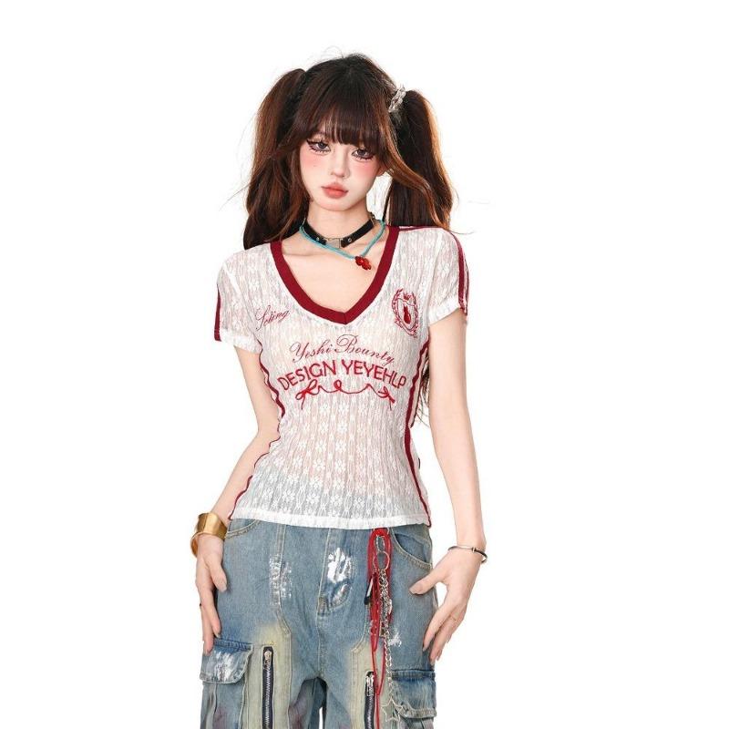 2KWEIRD V-neck Micro Transparent Lace Embroidery T-shirt Women's Short Sleeved Top Y2k Aesthetic Top