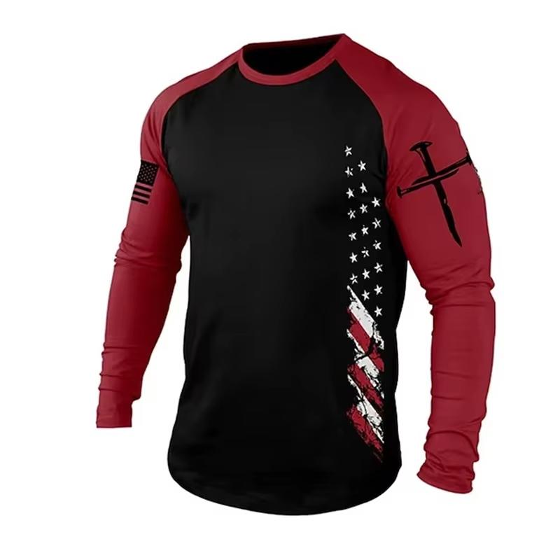 Men's Long sleeves T-shirts Gym 3D Print USA Flag Casual Round neck Tops