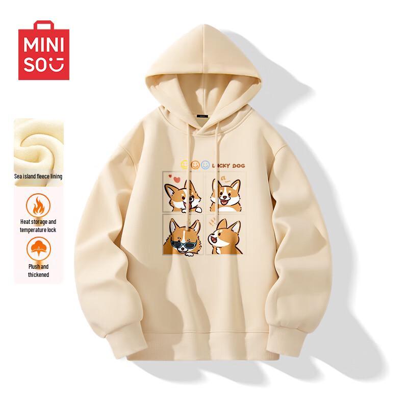 

MINISO Men s Loose Fit Fleece-Lined Hooded Sweatshirt with Corgi Print XL