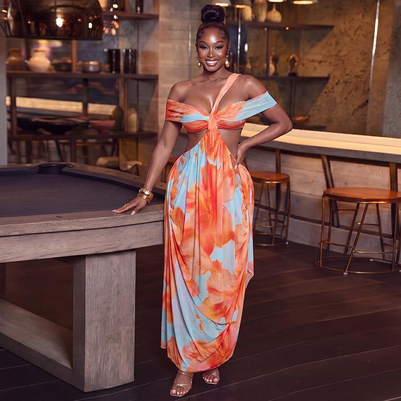 European and American summer printed women's clothing, cool color matching, chest-wrapped hip-wrapped skirt, home diagonal collar backless long dress