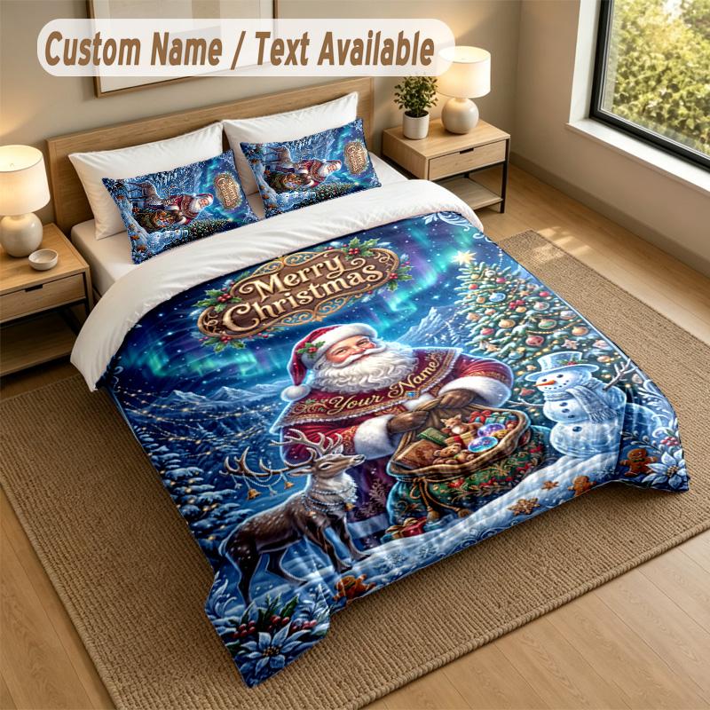 Christmas Theme Personalized 3Pcs Bedding Set Custom Text & Name 1 Sheet 2 Pillowcases Household Bedding 1pc