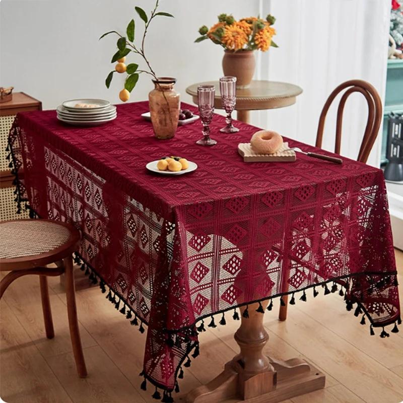 

Gothic Hollow Lace Tablecloth Retro European American Rectangle Crochet Knitting Table Cloth with Tassel Home Decoration 140x100cm вина червоного кольору