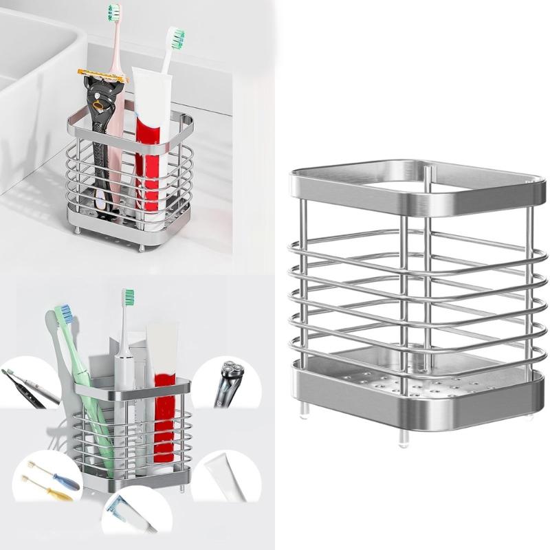 Nodrill Bathroom Organizer Rack Stainless Steel Toothbrush Holder with Strong Adhesive Hold Razors and Bath Essential