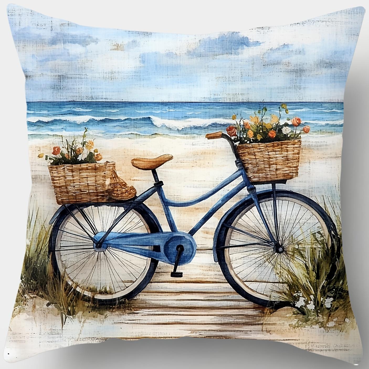 

Beach Scene Pillowcase, Ocean Sunset & Bicycle Design for Coastal Home Decor Soft Cotton Cushion Cover with Serene Nature Style 16x16Inch